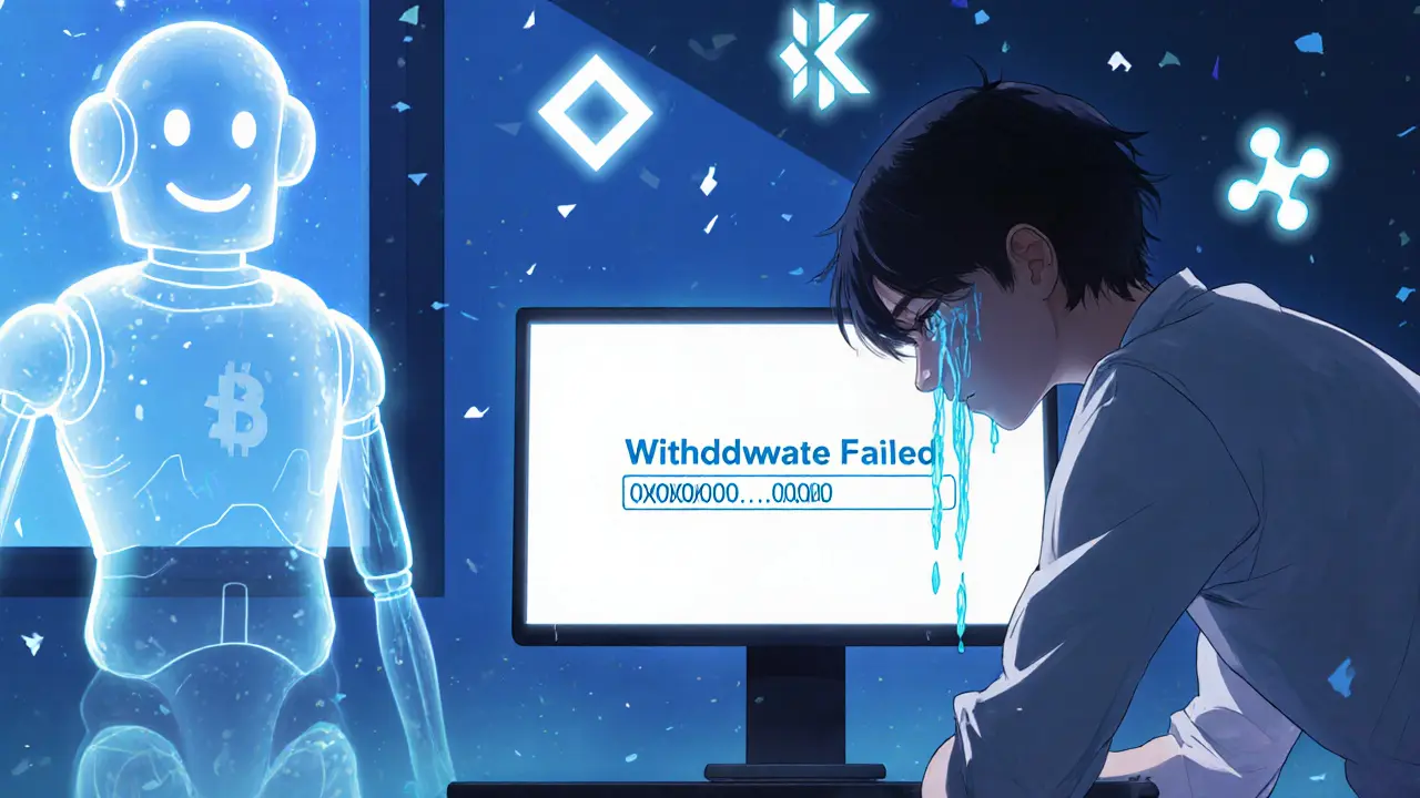 A devastated investor stares at a failed withdrawal screen, ghostly chatbot fading behind, real exchanges glowing in the distance.