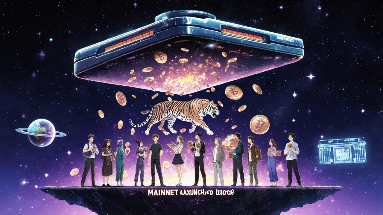A floating wallet releasing 15,000 WON tokens shaped like a tiger, with users watching under a mainnet launch banner.