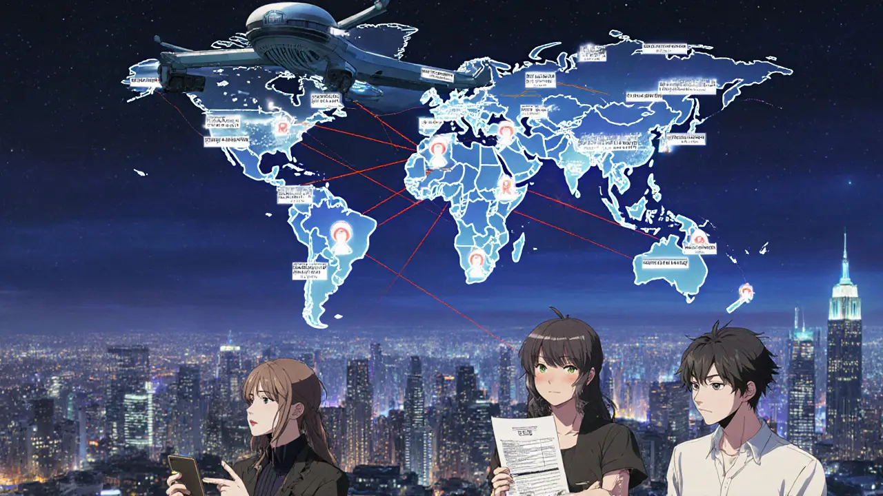 A futuristic IRS drone projecting a blockchain map over a city, showing people complying with crypto taxes.