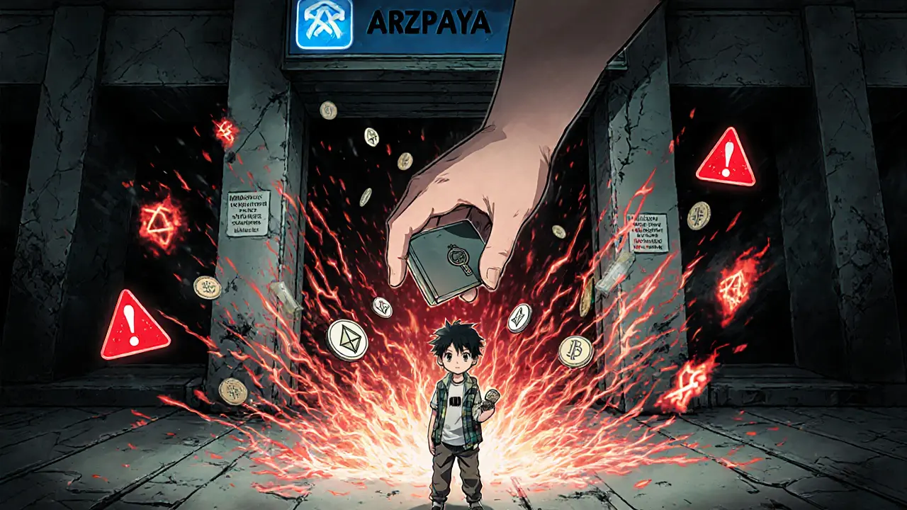 A hand withdrawing crypto from ARzPaya into a personal wallet as warning signs float in the air.