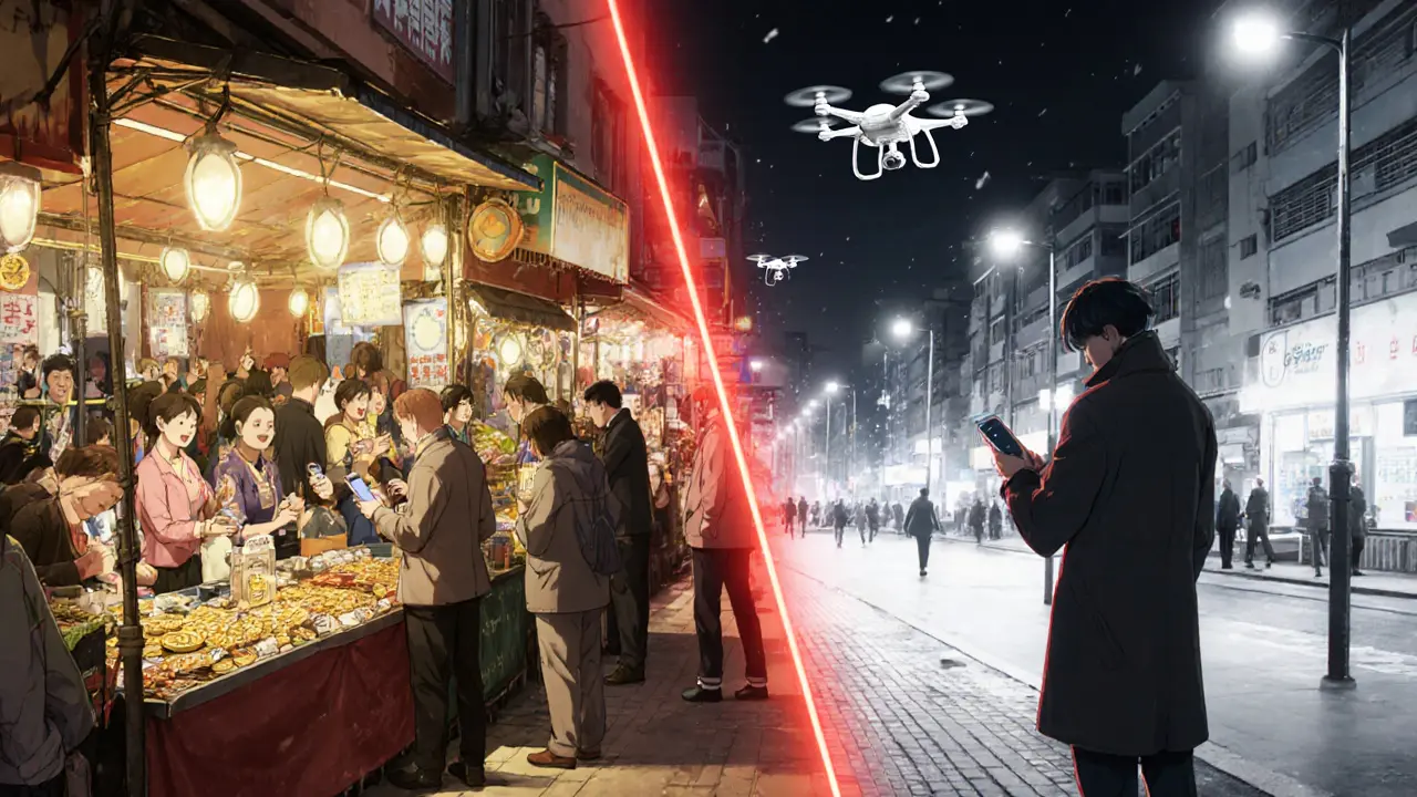 A Hong Kong vendor accepting crypto next to a Shenzhen sidewalk where crypto use is forbidden, separated by a glowing red line.