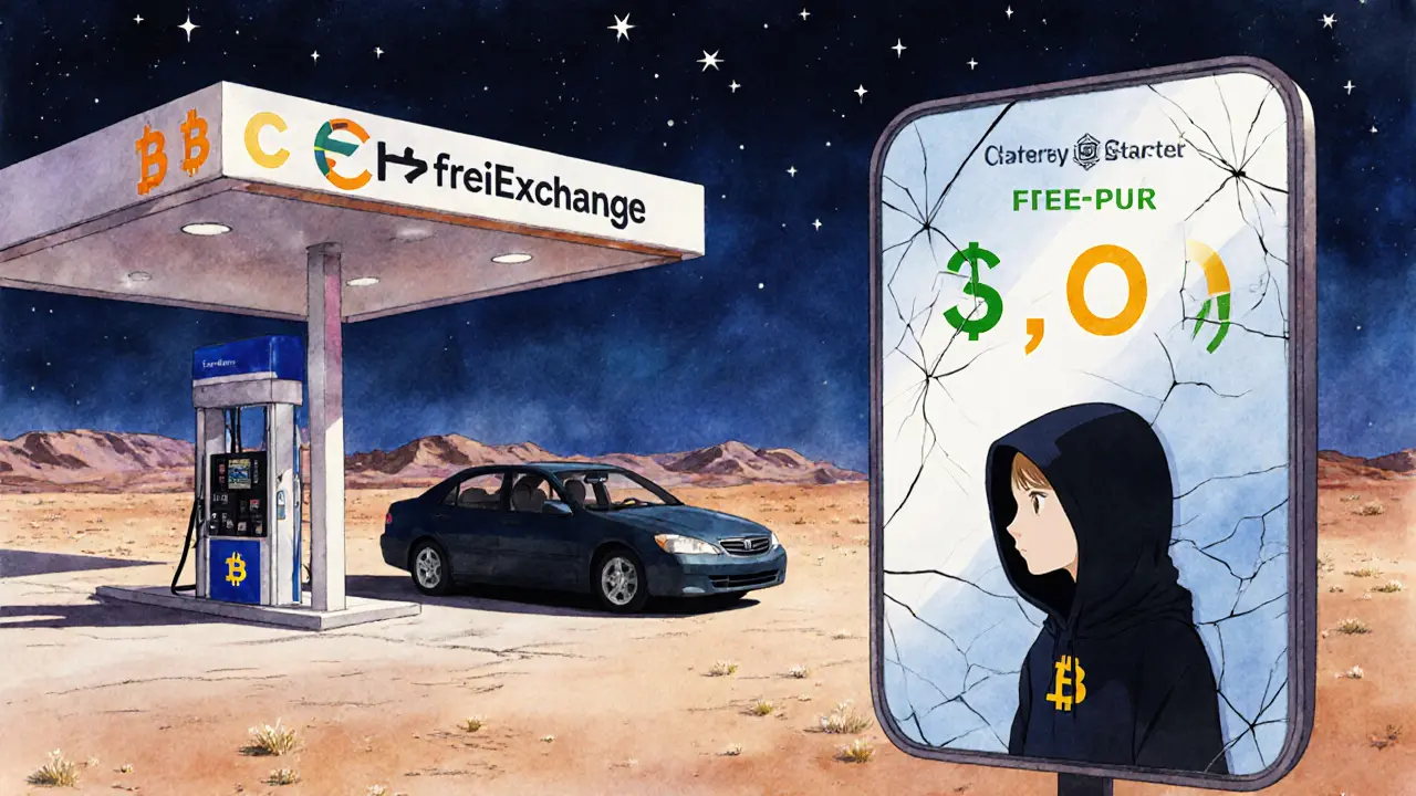 A lone car refueling at a desert gas station labeled FreiExchange, with a high exit fee sign.