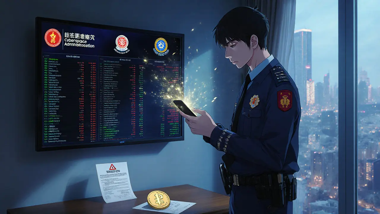 A police officer holds a confiscated phone emitting crypto data, while government monitors display synchronized financial surveillance.