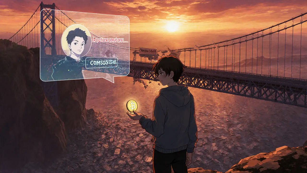 A protagonist holds a fading CWS token at the edge of a broken bridge to a dead marketplace, anime style.
