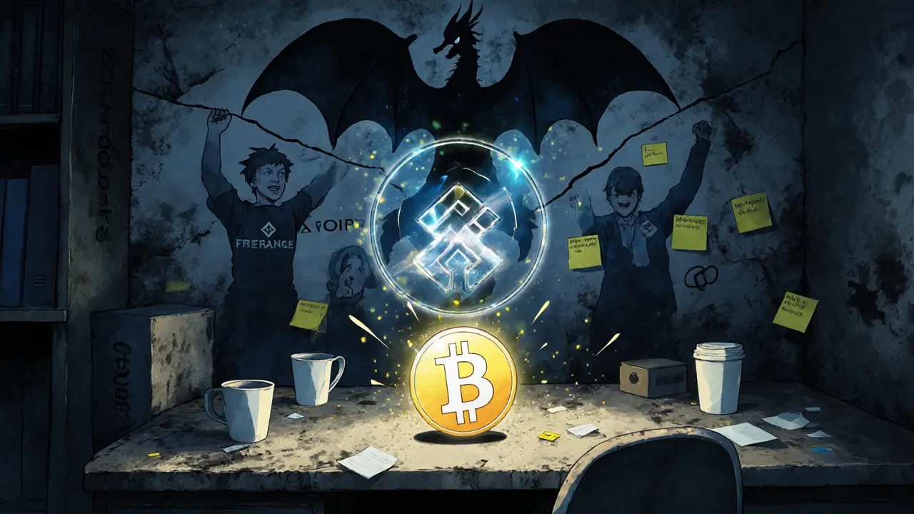 A small Freicoin token surrounded by neglect, with a looming 0.5% withdrawal fee dragon above.