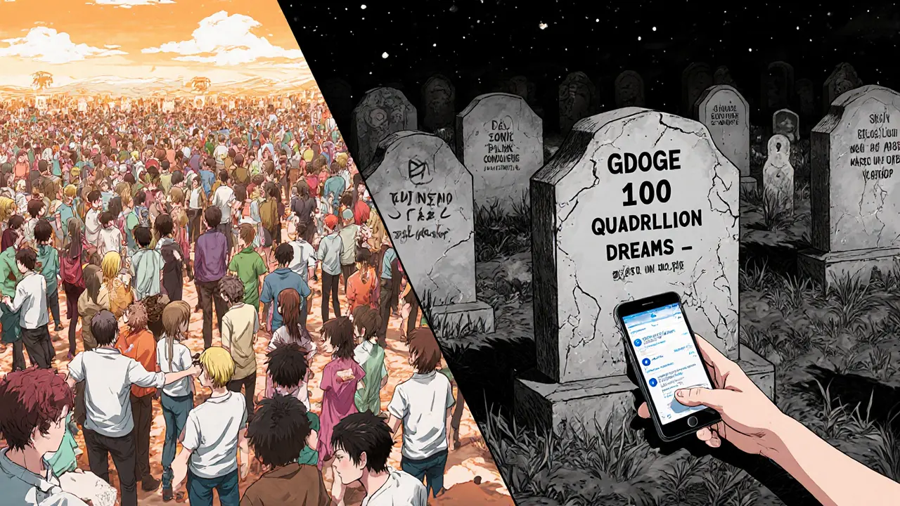 A split scene: thriving crypto community on one side, GDOGE graveyard on the other, symbolizing life vs. dead tokens.