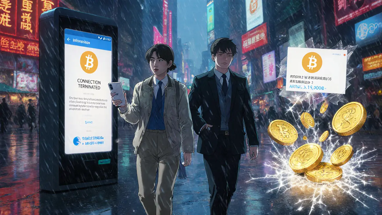 A tourist is escorted by officials as digital yuan ads glow around them, while a cracking blockchain dissolves into e-CNY coins.