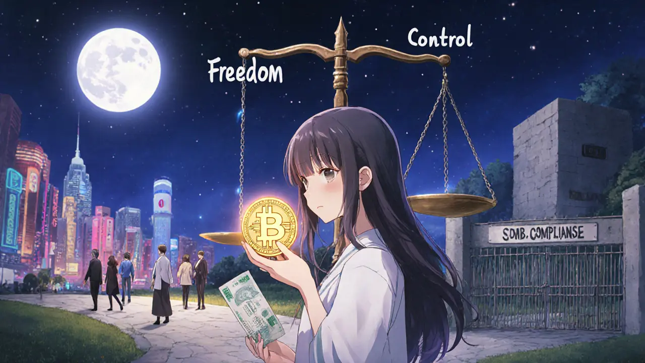 A woman at a crossroads holding crypto and lira, symbolizing Turkey&#039;s regulatory divide.