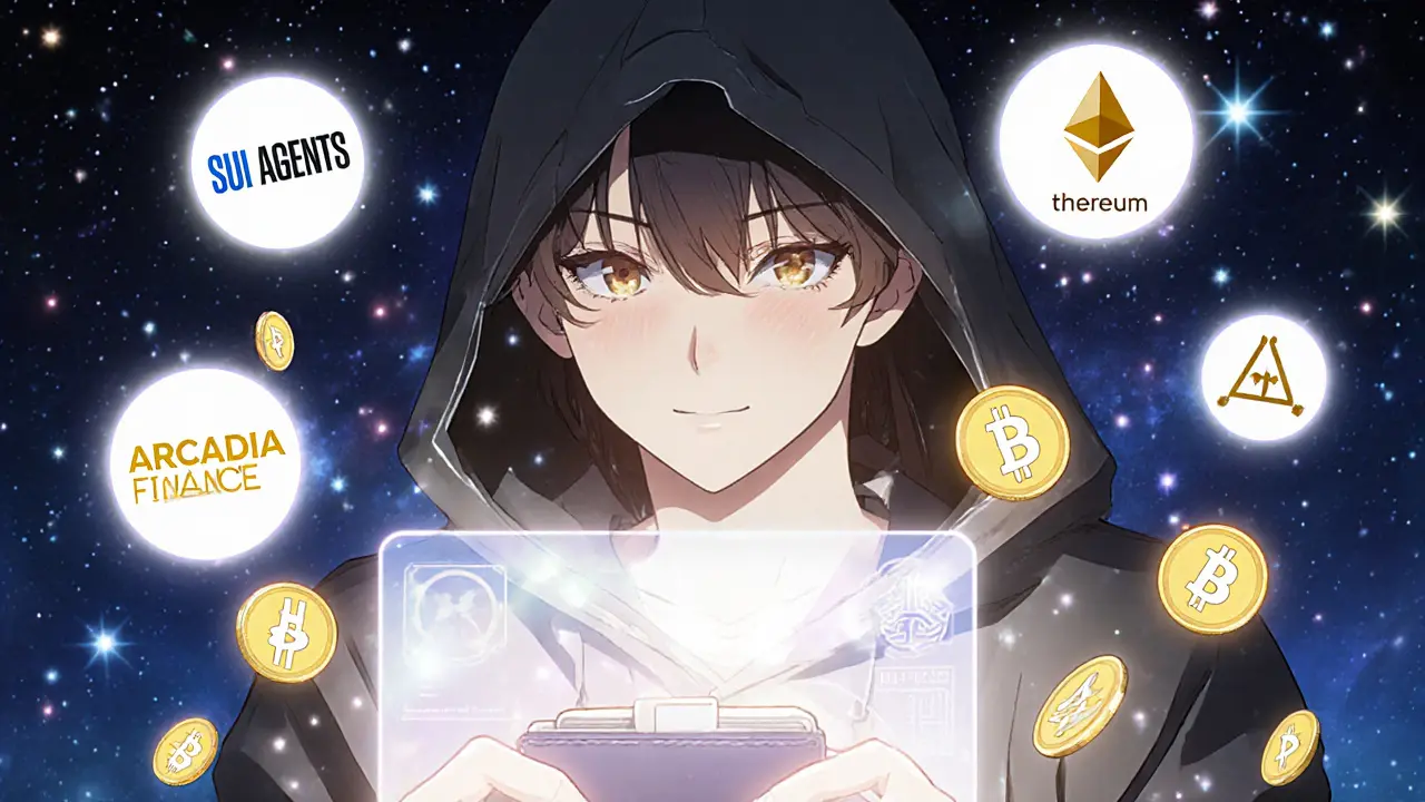 A young crypto user staking FJO tokens as glowing project logos float around them on a blockchain interface.