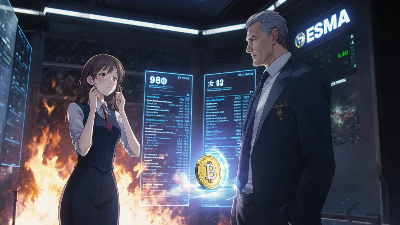 A young entrepreneur submitting a MiCA license application to an AI officer, holograms showing compliance timers.