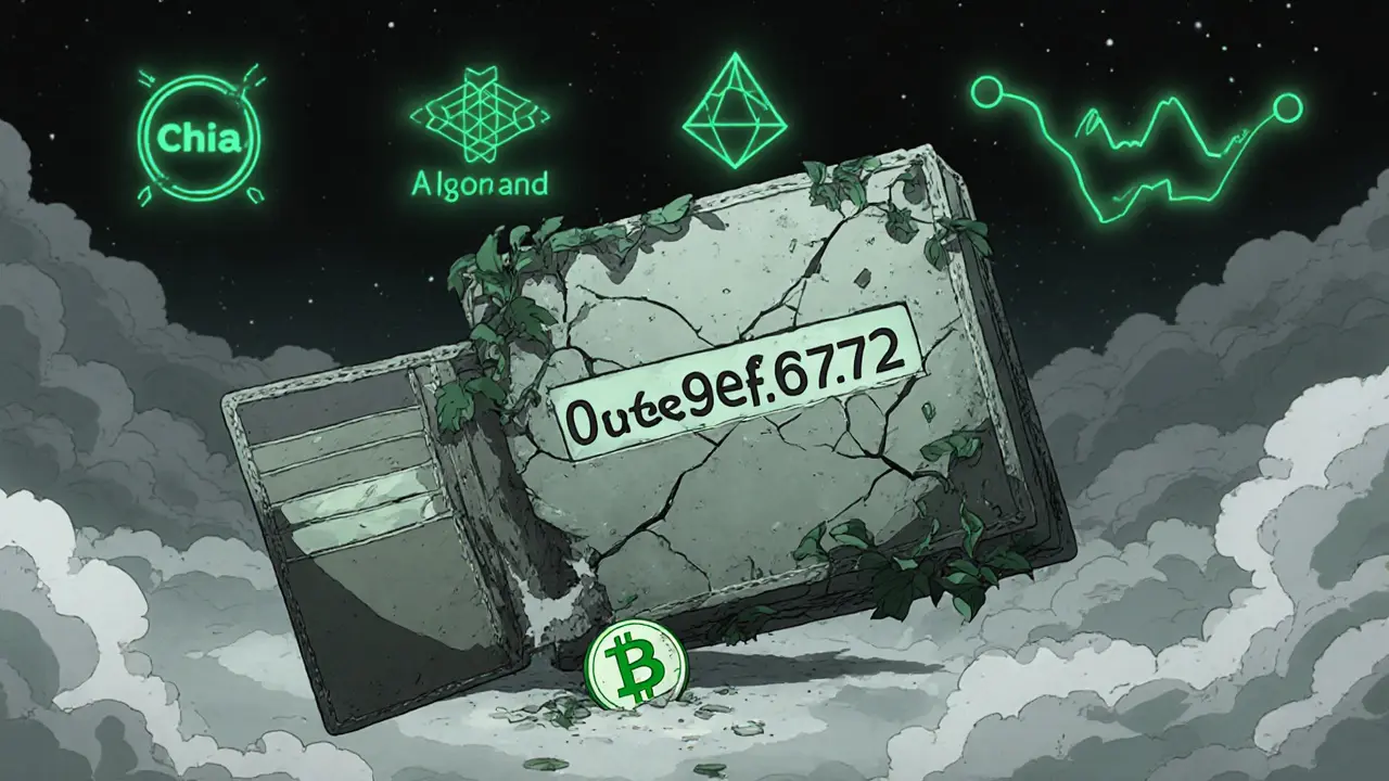 Abandoned blockchain ledger decays in void while real sustainable cryptos glow in background.
