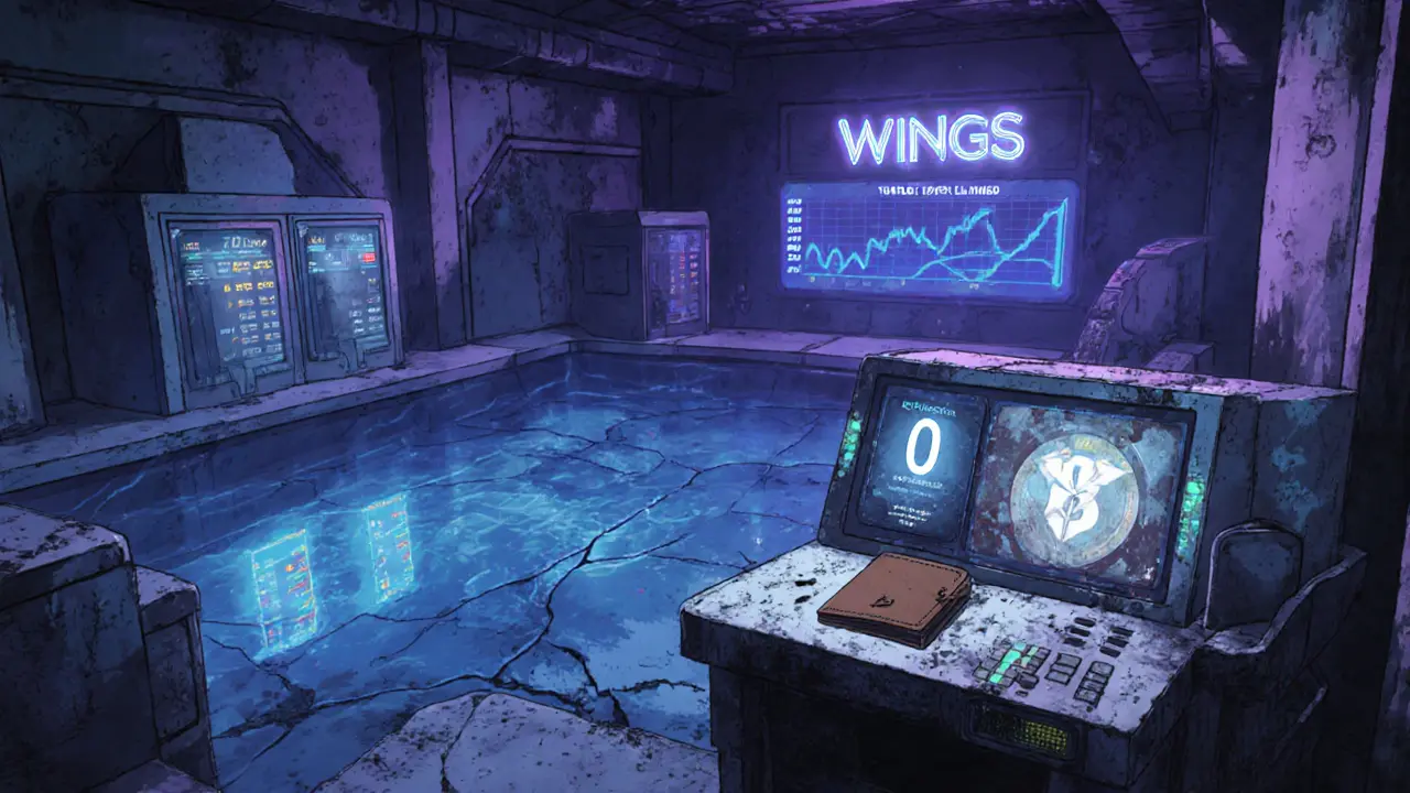 An abandoned DeFi hub with silent vaults and zero-price holograms.