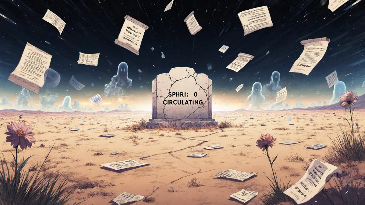 An empty digital wasteland with a monument reading &#039;SPHRI: 0 CIRCULATING&#039;, surrounded by fading wallet icons.