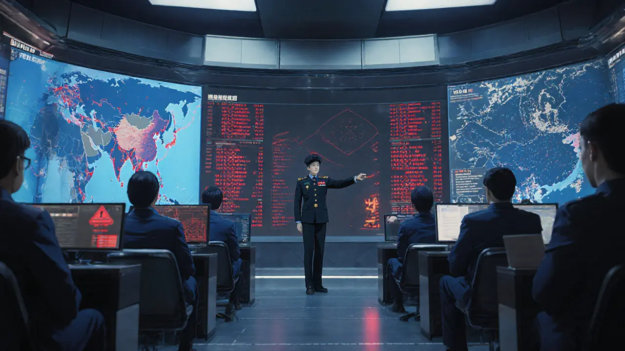 Analysts in a high-tech control room tracking crypto activity with AI visuals and red alert warnings.