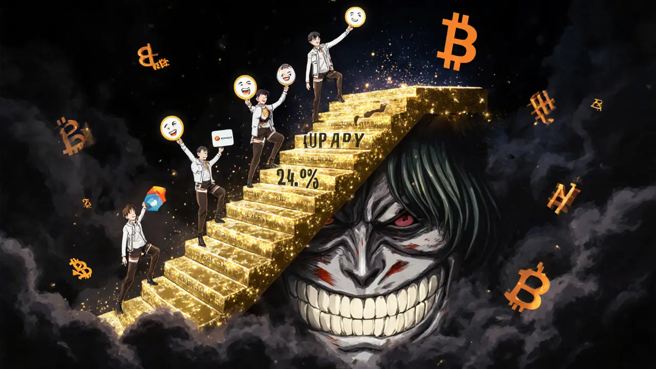 Anime illustration of a golden staircase leading to nothing, users dissolving as they climb fake 24.7% APY returns.
