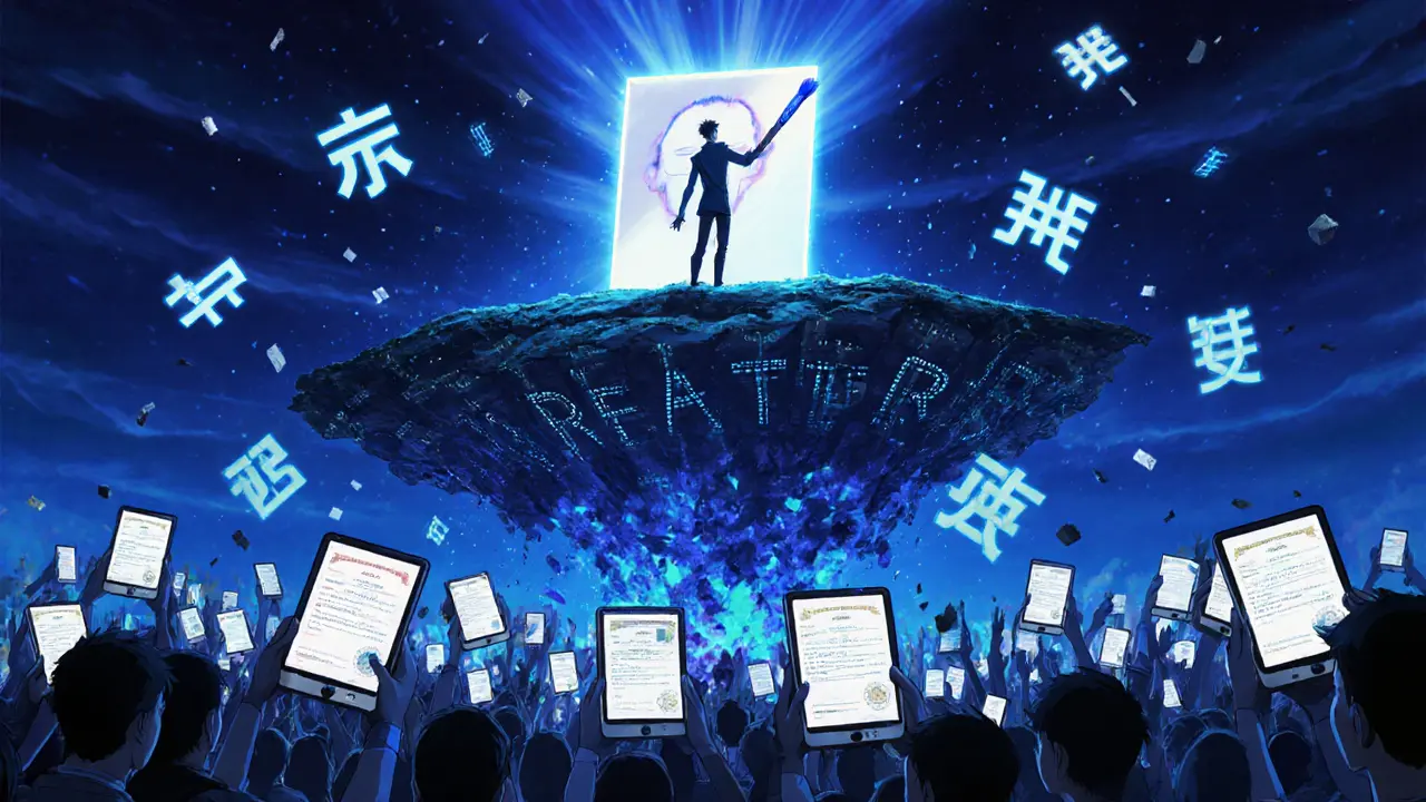 Artist painting on a blockchain ledger as verified ownership proofs float around them.