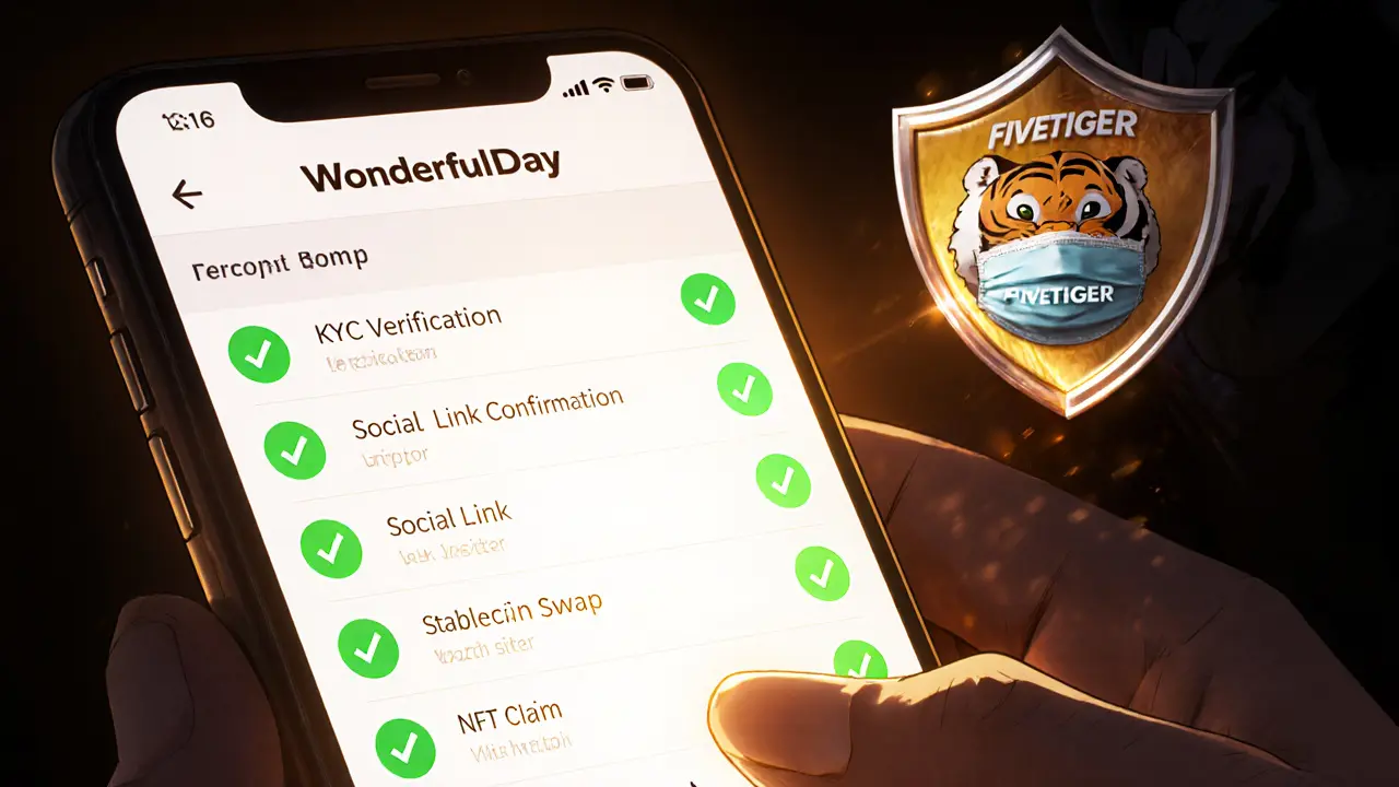 Close-up of a smartphone showing the WonderfulDay app with completed airdrop steps and a protective shield blocking a scammer.