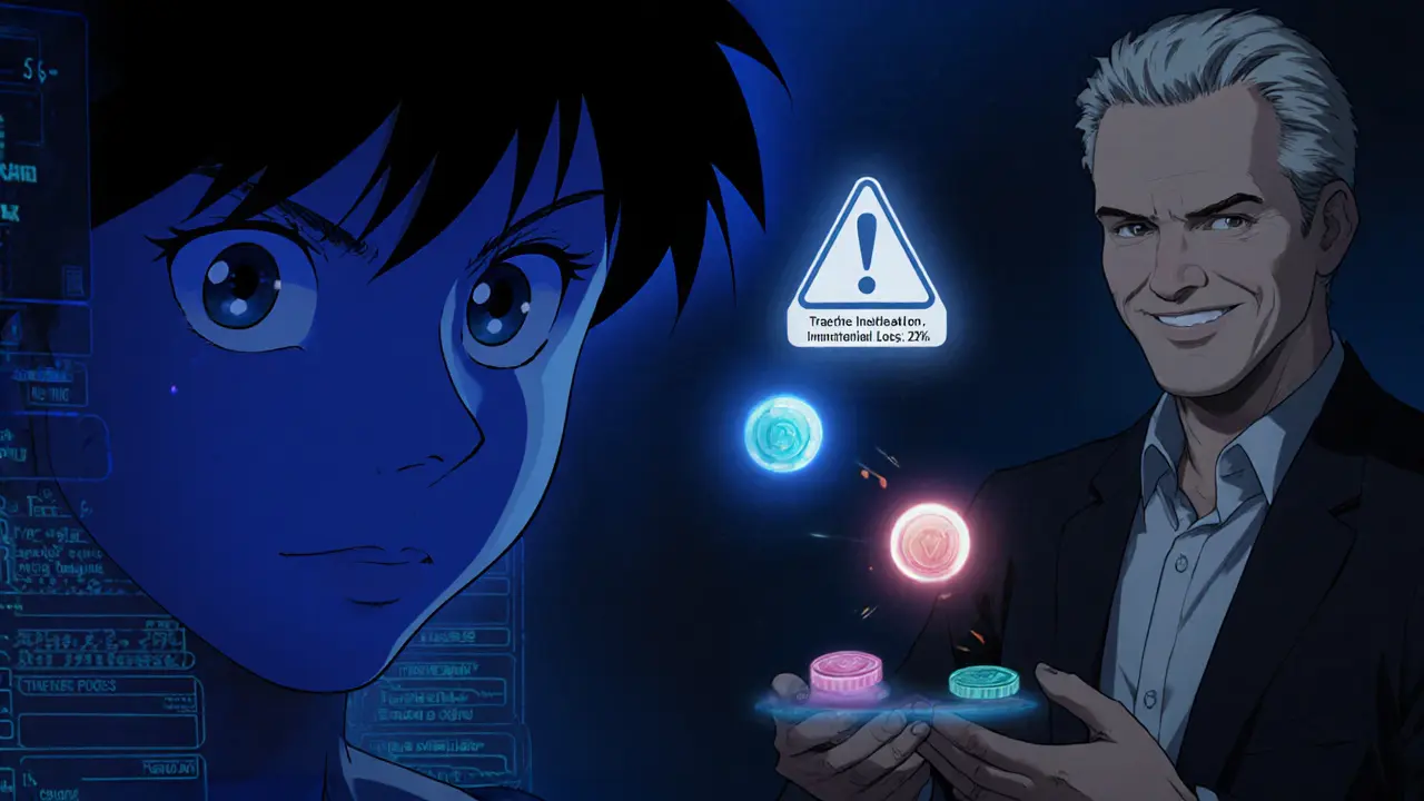 Confused beginner overwhelmed by Balancer&#039;s complex interface, while an expert rebalances a risk-tiered vault.