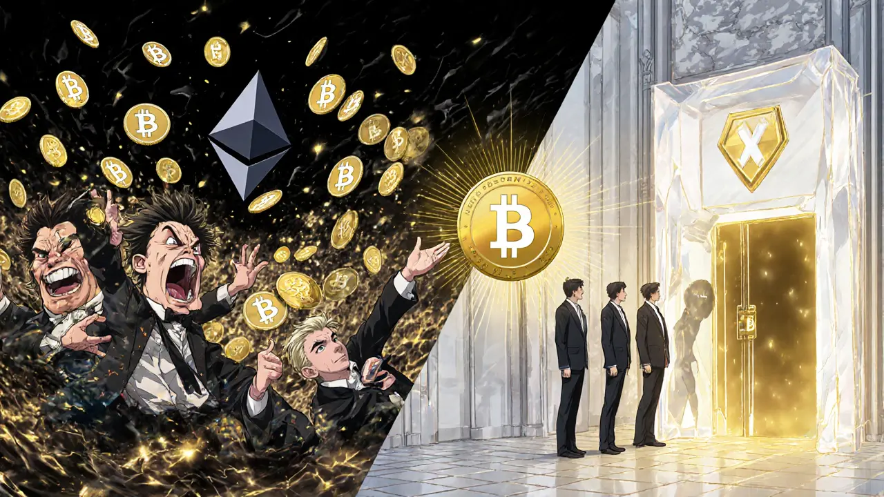 Contrast between chaotic crypto traders and orderly institutional investors using Polymesh&#039;s compliant system