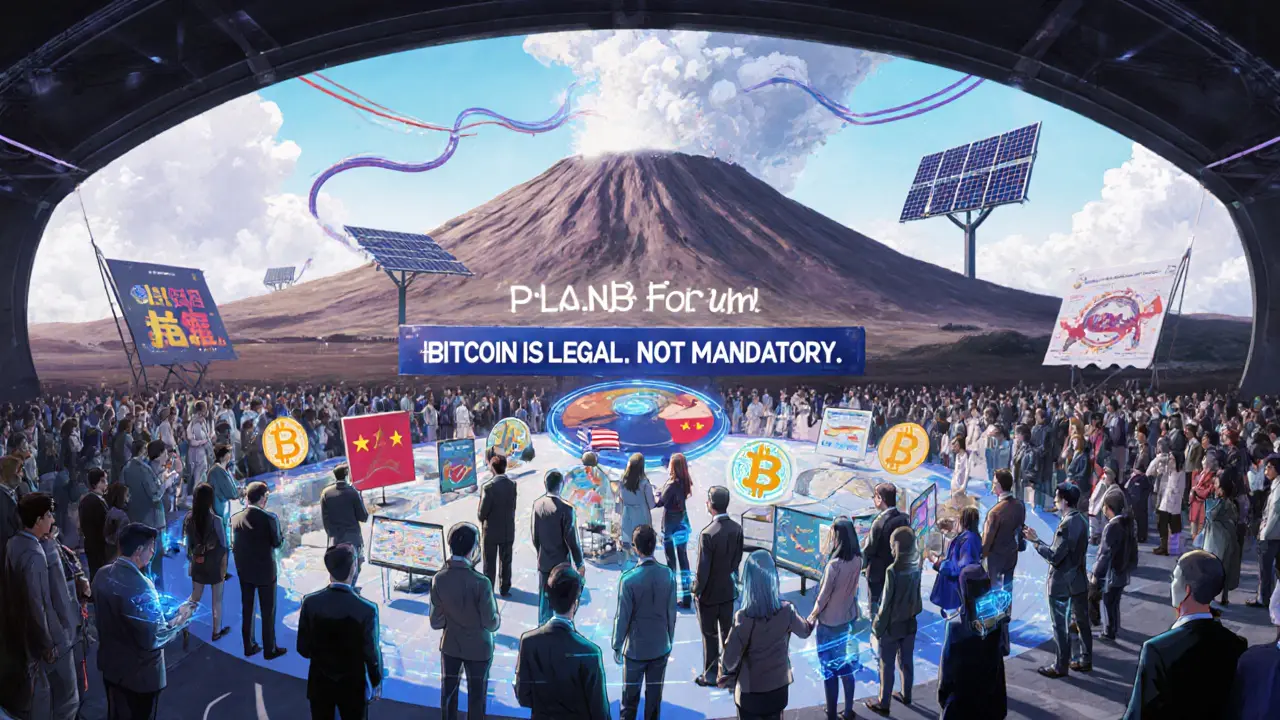 Crowd at the PLANB Forum 2025 gathered around holographic crypto displays near a volcano, symbolizing Bitcoin&#039;s organic adoption.