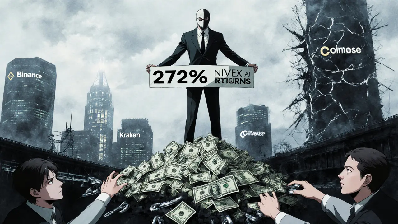 Faceless figure atop fake profits as investors lose their bridge to safety.