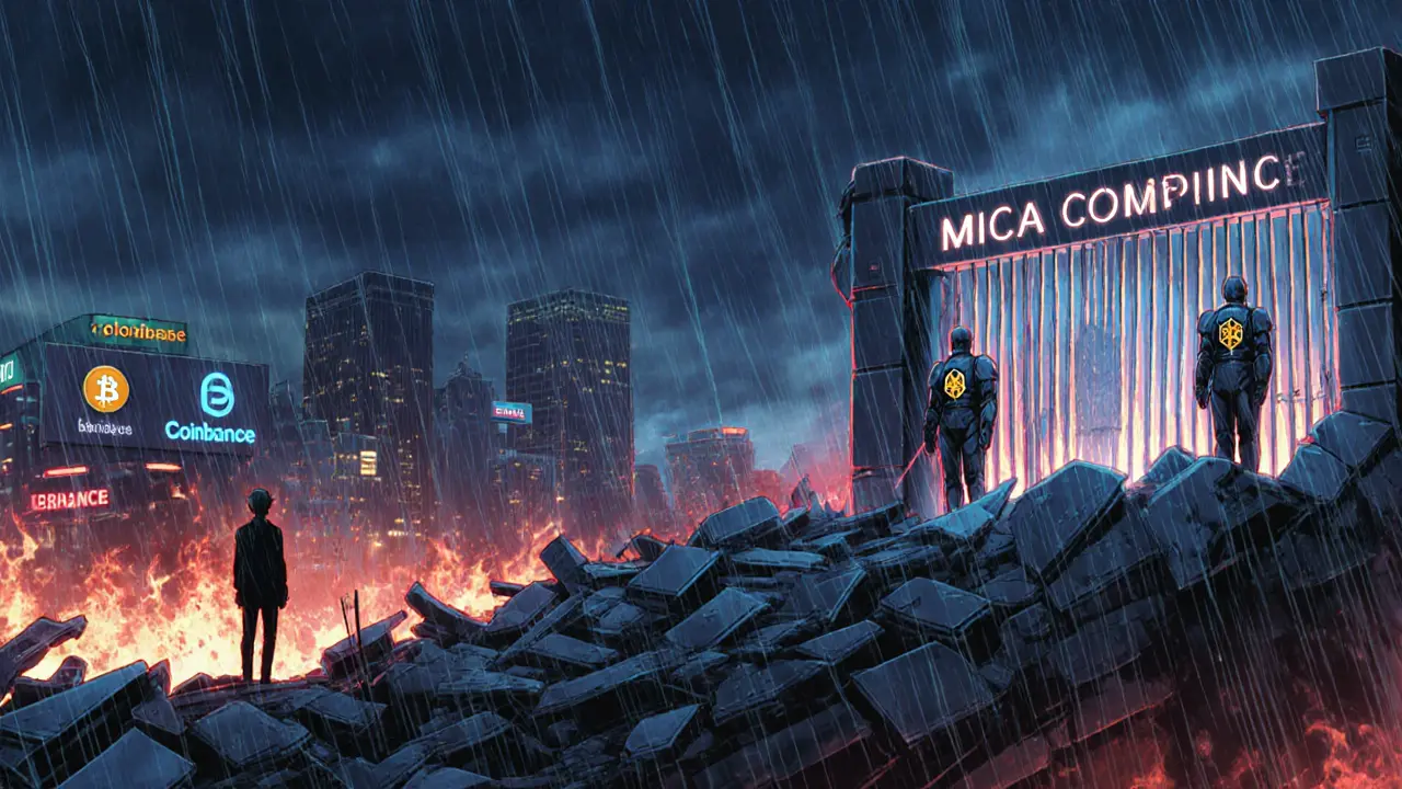 Figure facing a barred gate labeled &#039;MiCA Compliance&#039; amid burning exchanges in anime style.