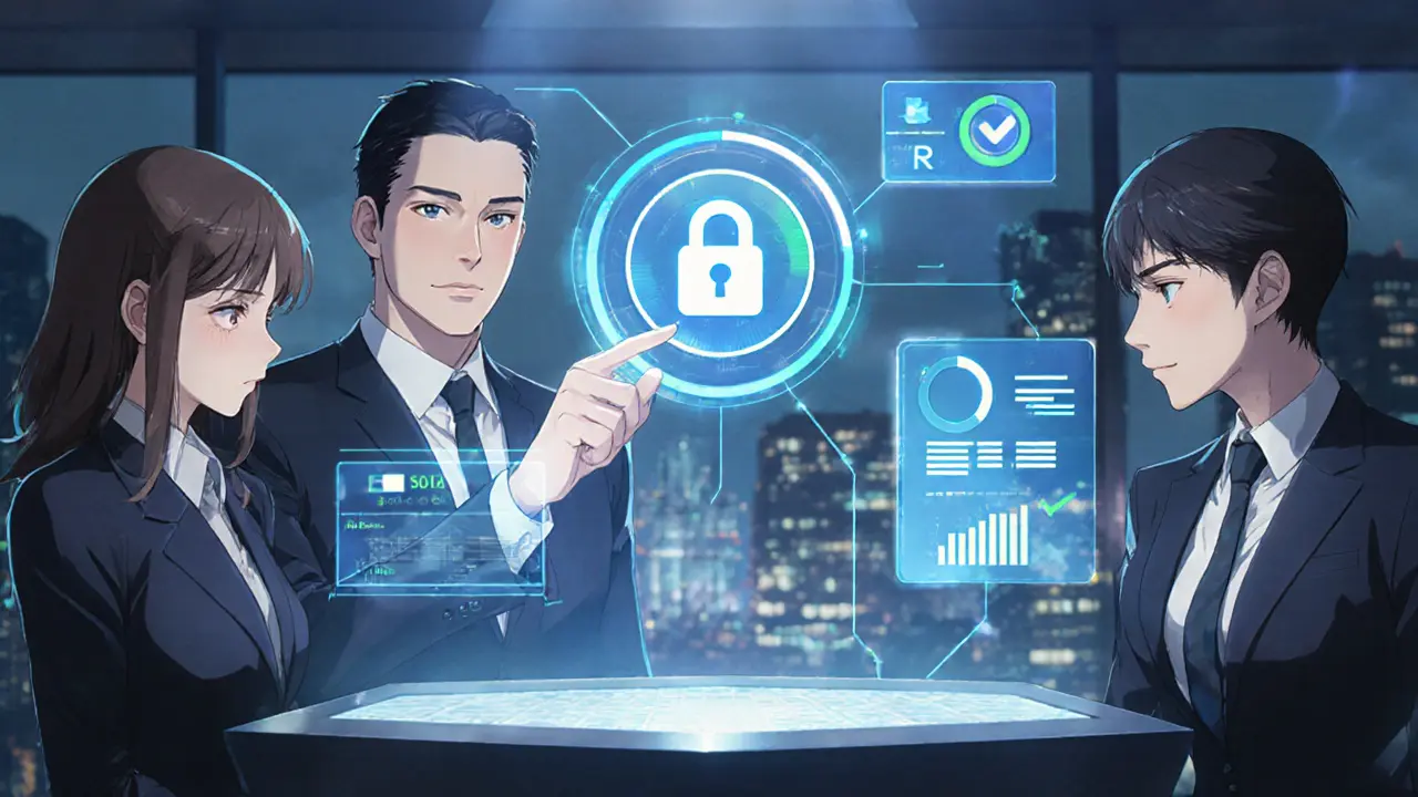 Financial team interacting with a holographic Polymesh dashboard showing tokenized bond issuances