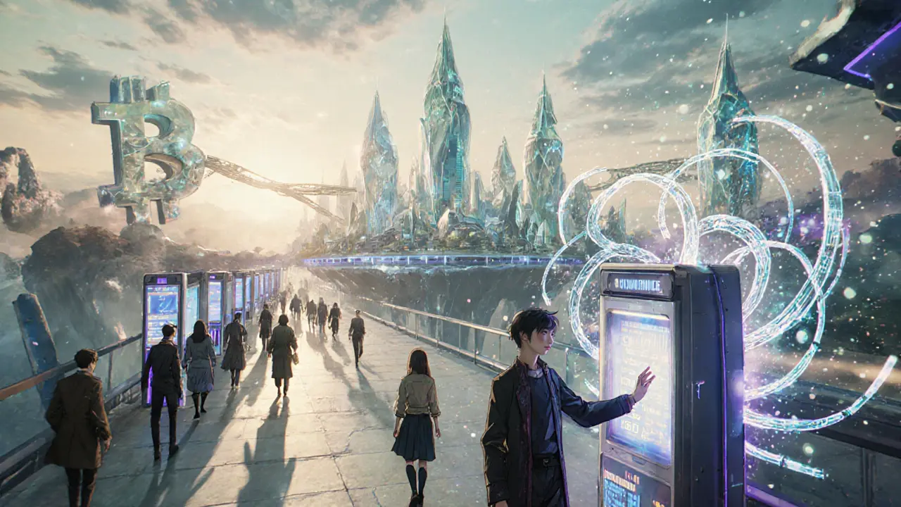 Futuristic city built on Bitcoin blockchain, with traders using MerlinSwap terminals under dawn light and AI liquidity engines activating.