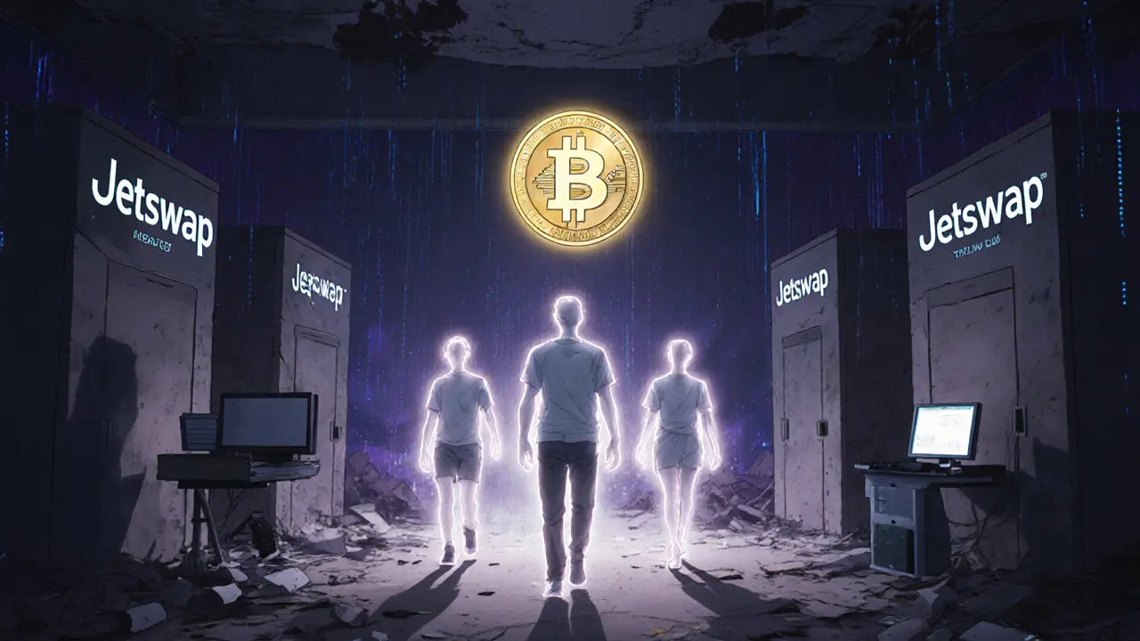 Ghostly developers vanish as a WINGS token drifts into darkness.