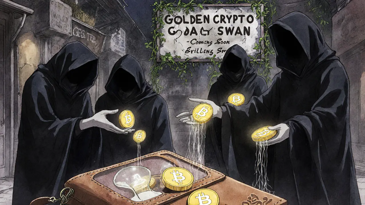 Ghostly figures giving out worthless GDOGE tokens while gas fees drain away like sand in a dark marketplace.
