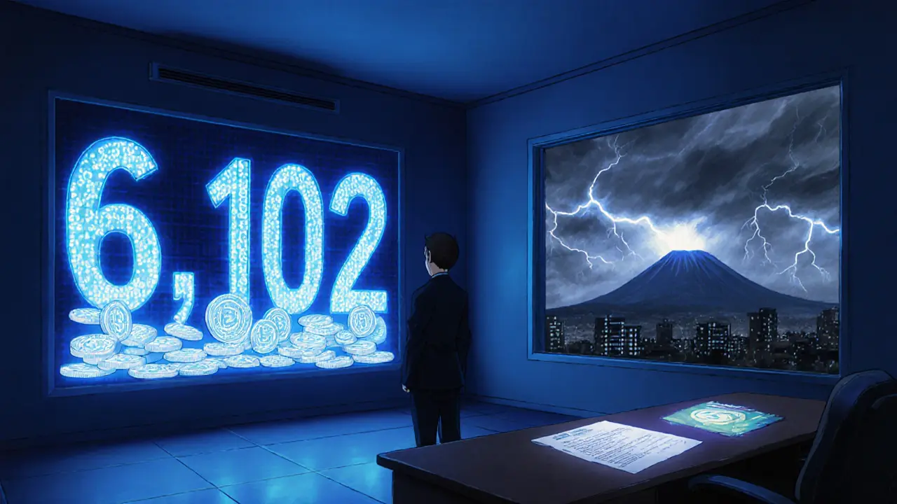 Government treasury room with a digital wall showing 6,102 Bitcoin coins, lit by neon blue light, as a volcano looms outside.