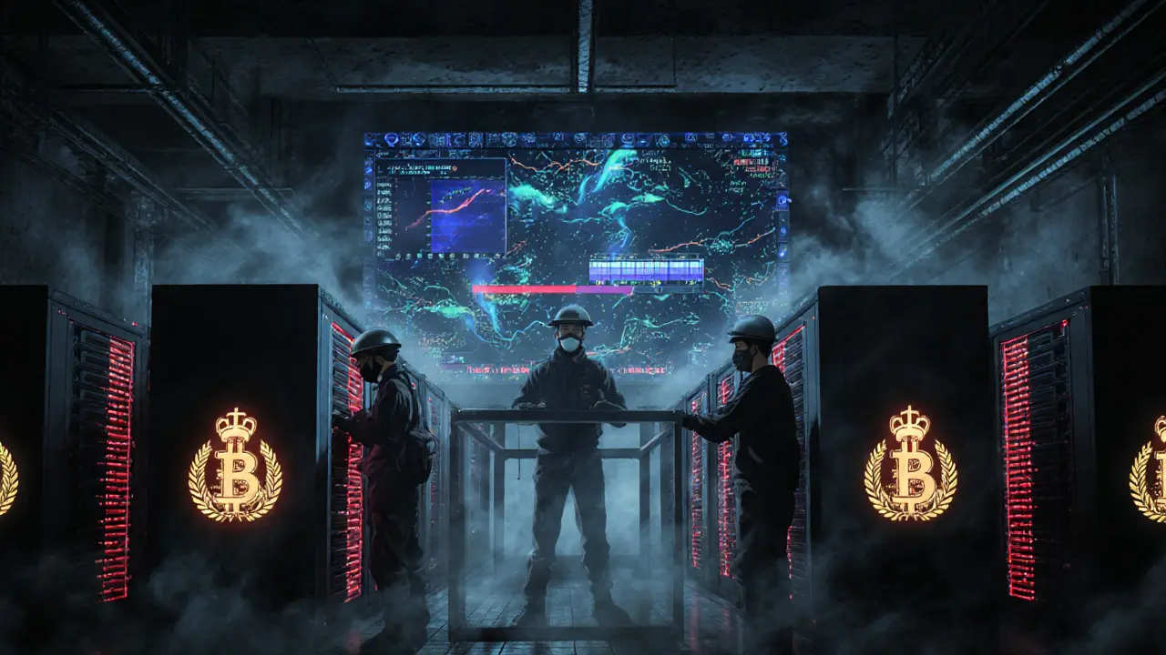 Hidden crypto mine with servers and state-controlled blockchain screens, miners in shadowy surroundings.