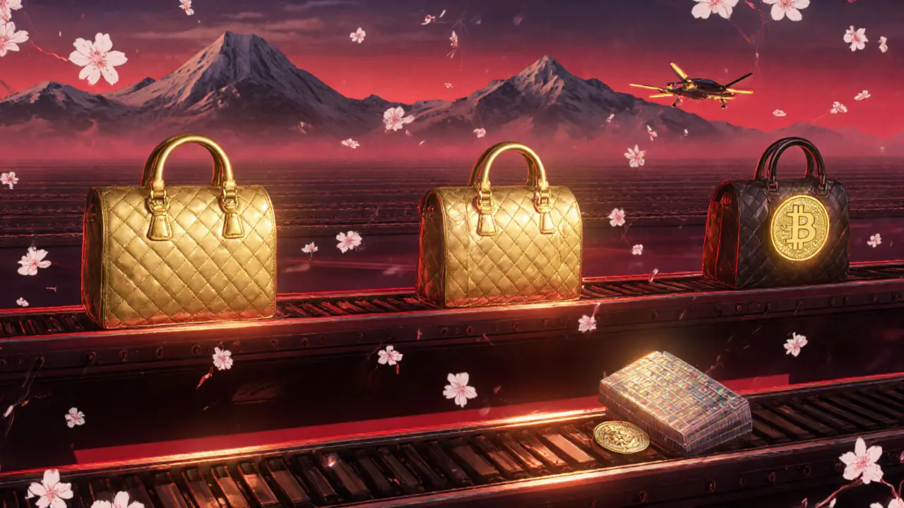 Luxury handbag traveling through a glowing supply chain with counterfeit versions dissolving into pixels.