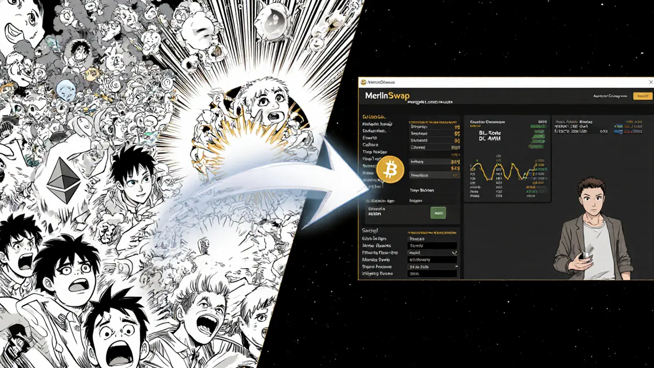 Manga-style split scene: chaotic Ethereum DEX vs. calm MerlinSwap interface with low slippage and Bitcoin security.