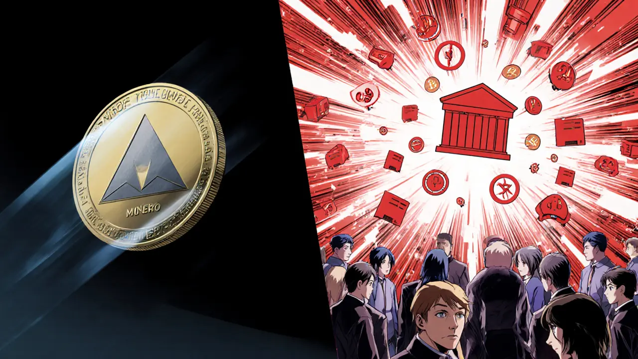 Monero coin with 65% traceability overlay versus exploding sanctions alerts in anime style.