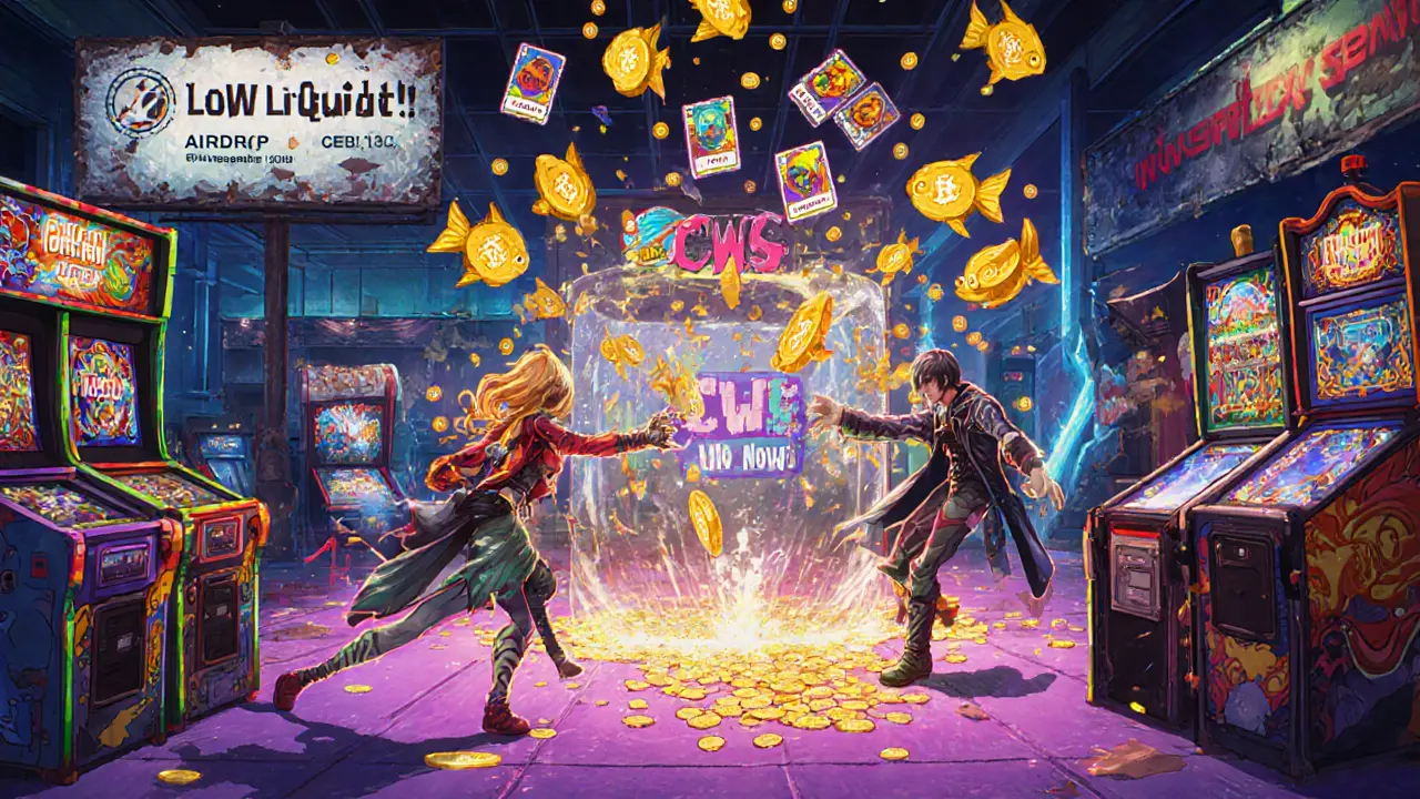 Players enjoying colorful Seascape games while CWS tokens vanish into a wall labeled &#039;Low Liquidity&#039;, anime style.