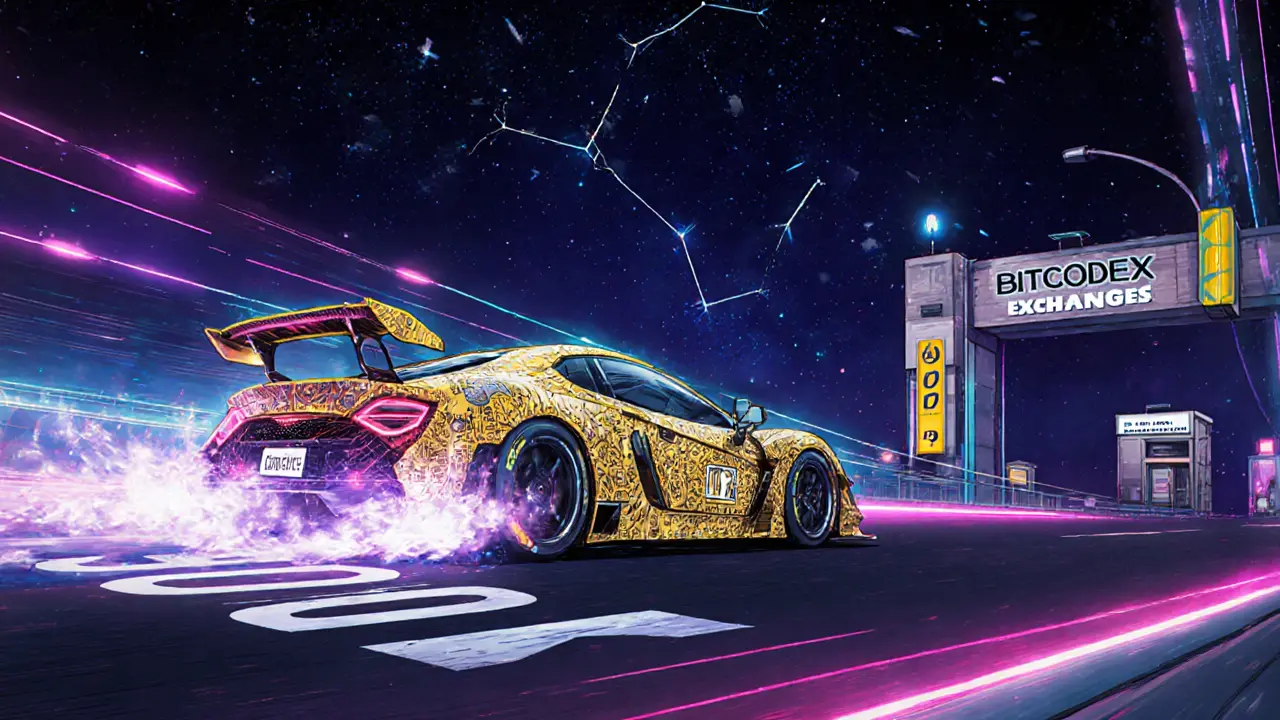 Race car made of blockchain chains speeding down Escodex highway, leaving traditional exchanges behind.