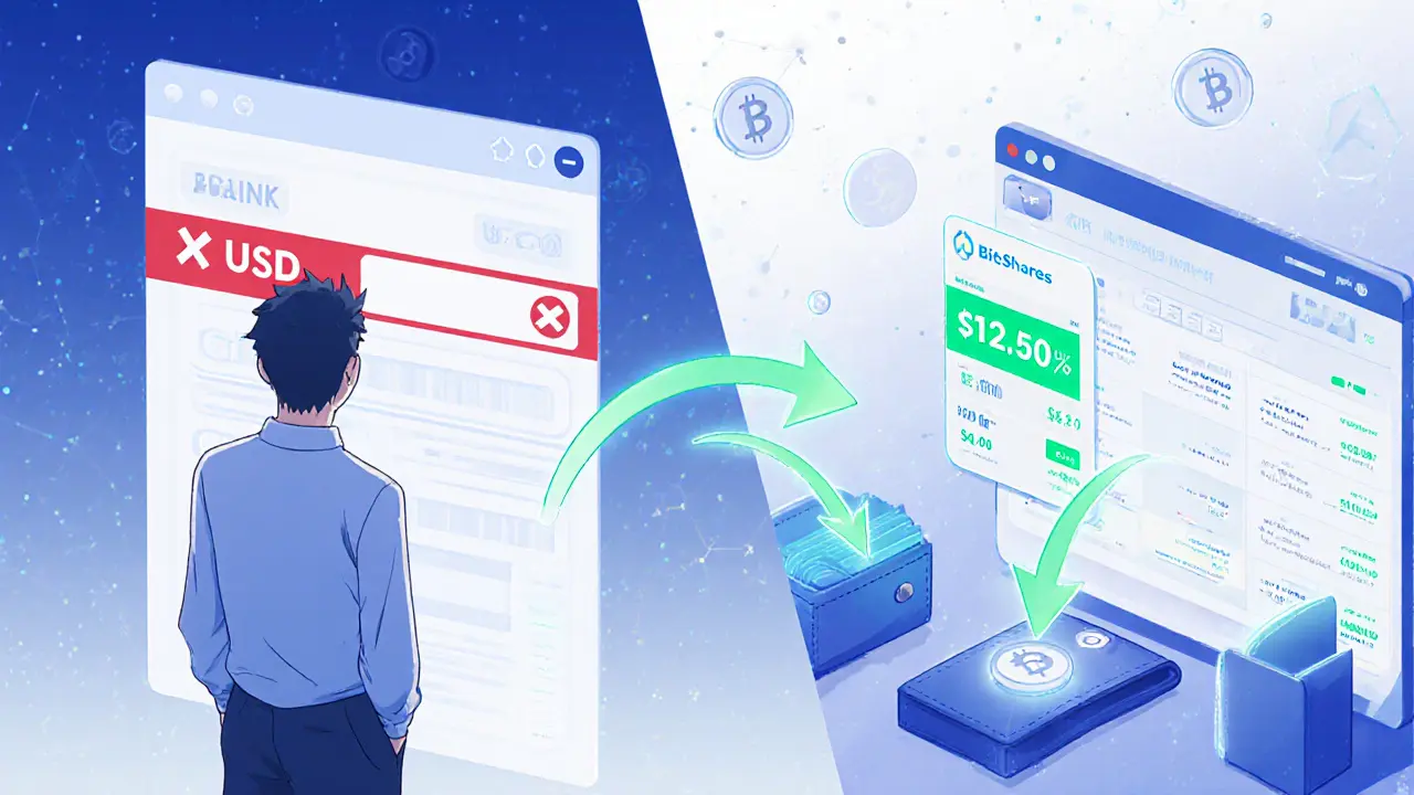 Split scene: beginner blocked from fiat deposit vs experienced trader moving crypto on decentralized network.