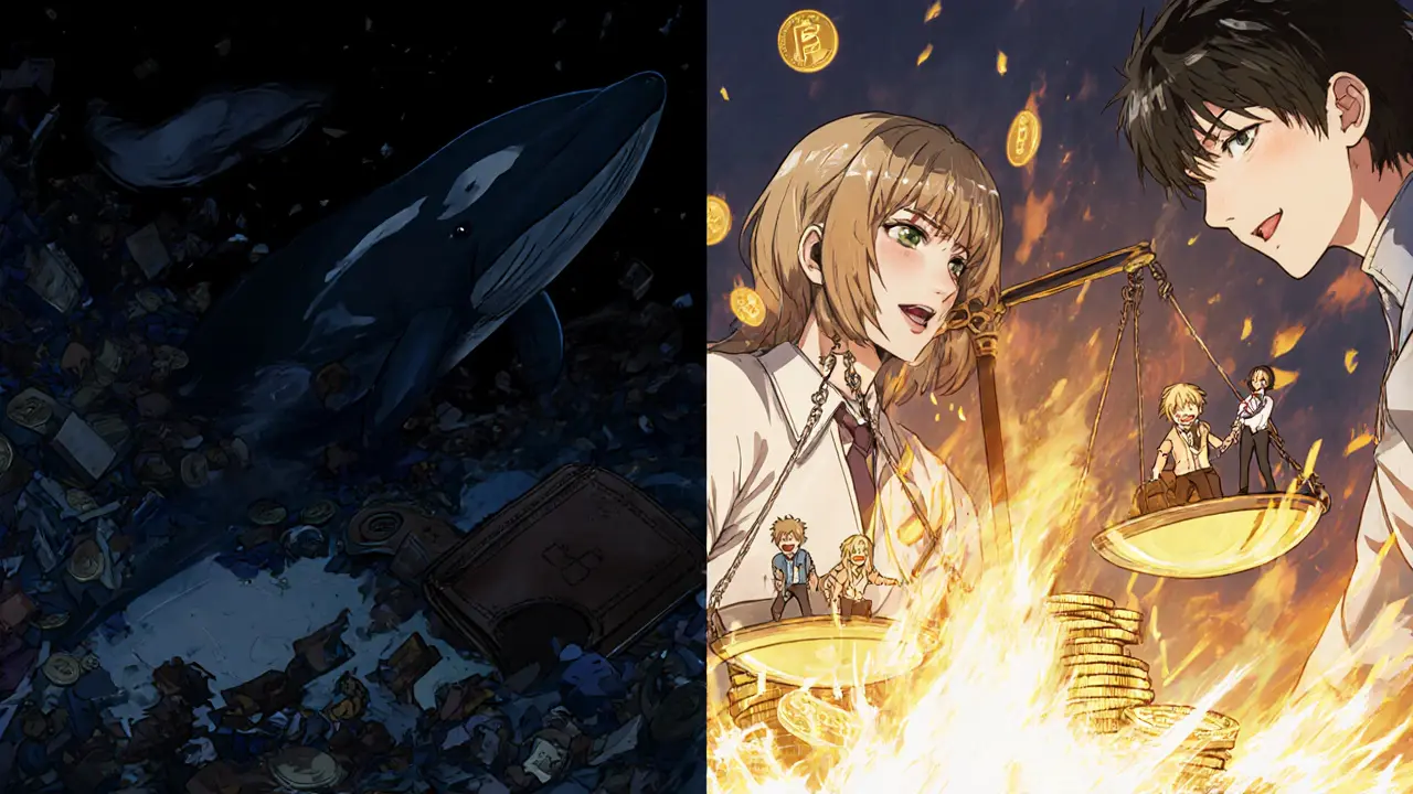 Split scene: chaotic ICO vs. fair Fjord Foundry LBP with tokens burning in golden ash.