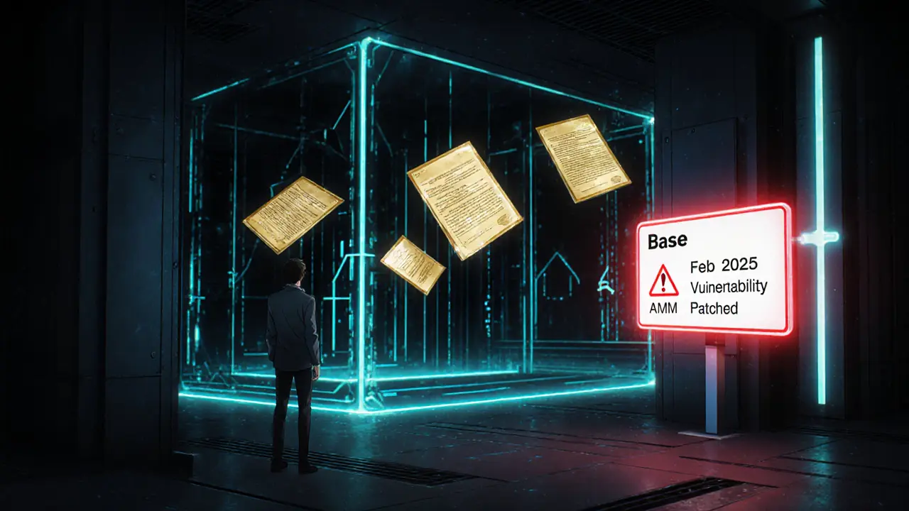 Tokenized real-world assets trading in a dark vault beneath the Base blockchain, with a lingering security alert.