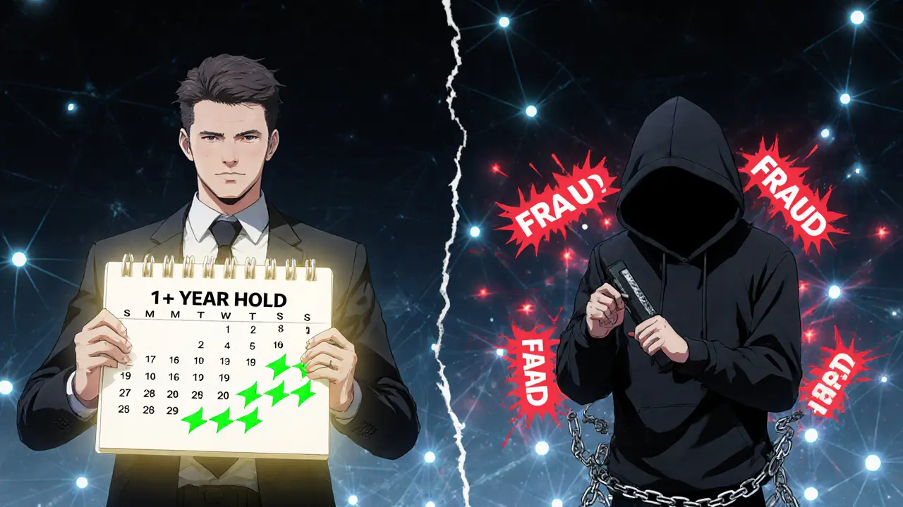 Two figures representing legal tax planning vs crypto tax evasion on a symbolic battlefield with blockchain trails.