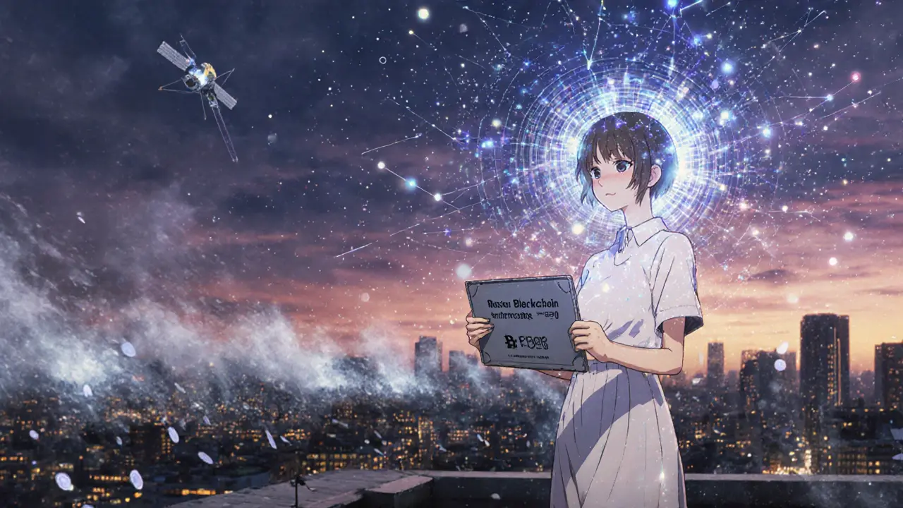 Woman on rooftop holding Bitcoin seed plate, holographic blockchain connecting to satellites at dusk.