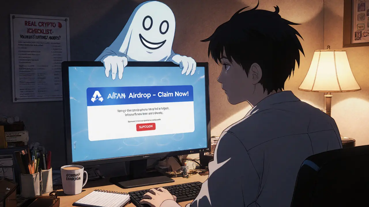 Young person realizes scam as ghostly scammer reaches from screen, checklist on wall.