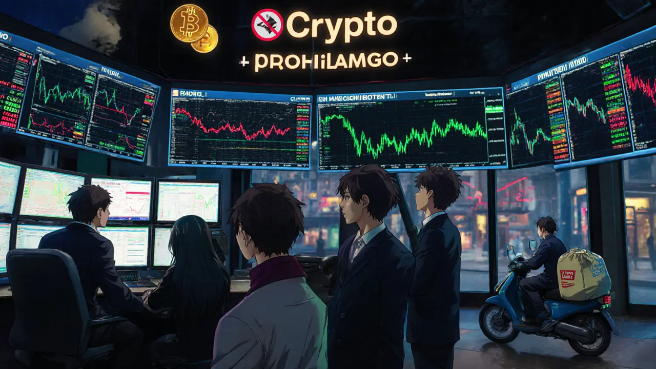 Young traders in an Istanbul crypto exchange watching price charts under a &#039;Payments Prohibited&#039; sign.