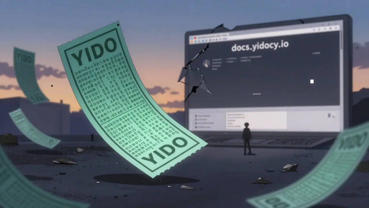 A blockchain lottery ticket swirling in chaotic price charts, while a figure walks away from a crumbling website.