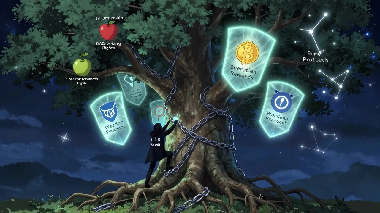 A blockchain tree with creator rewards growing as scam figures are repelled by legitimate project shields.
