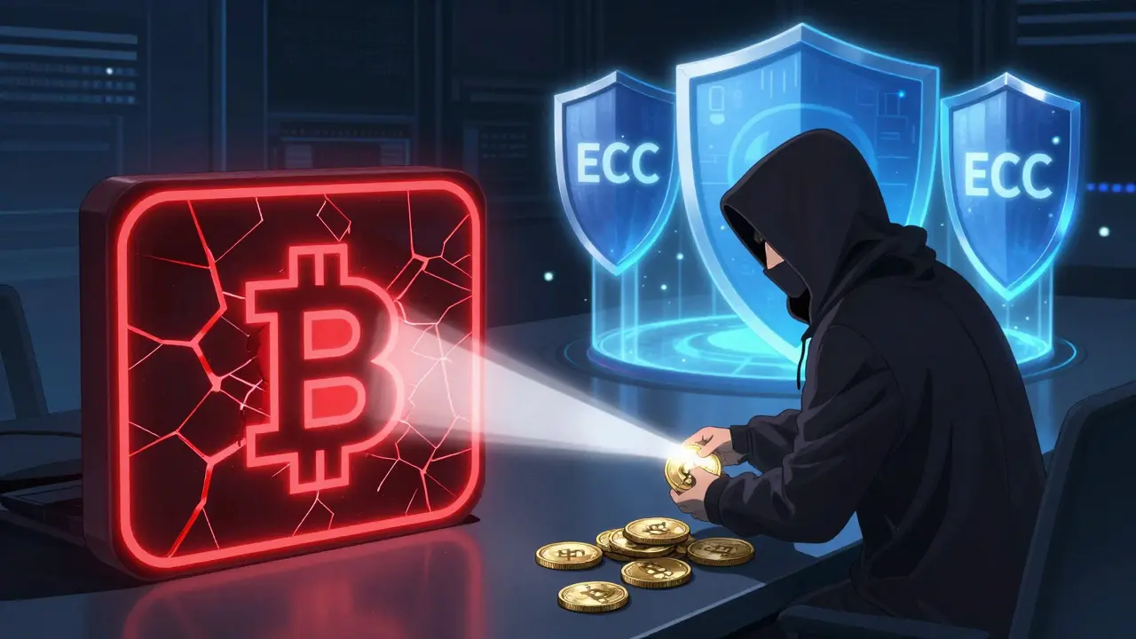 A blockchain wallet is attacked by quantum light, while hybrid shields protect others.