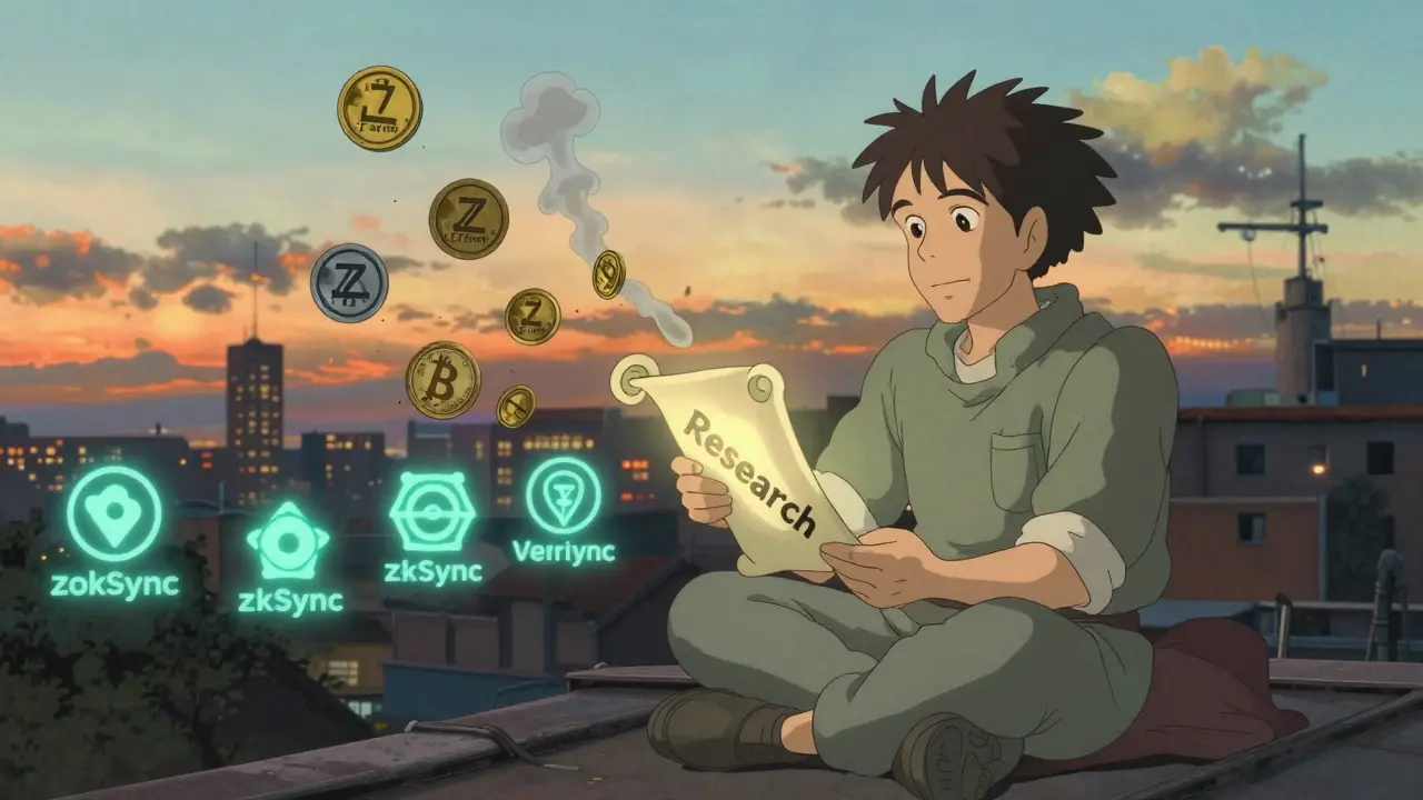 A calm expert ignores scam tokens as verified projects glow in the distance.