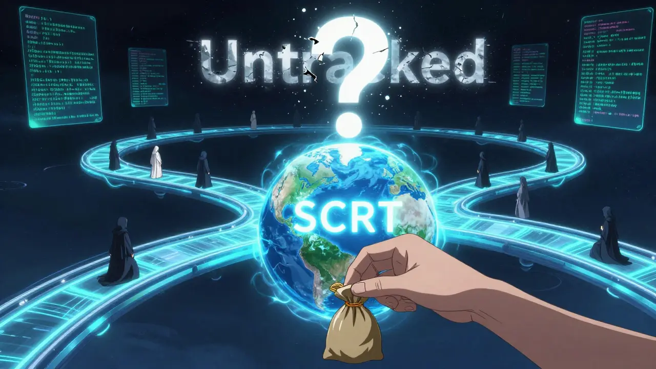 A cross-chain bridge to a hidden DEX planet, with unreadable transactions and a hand dropping coins into the void.