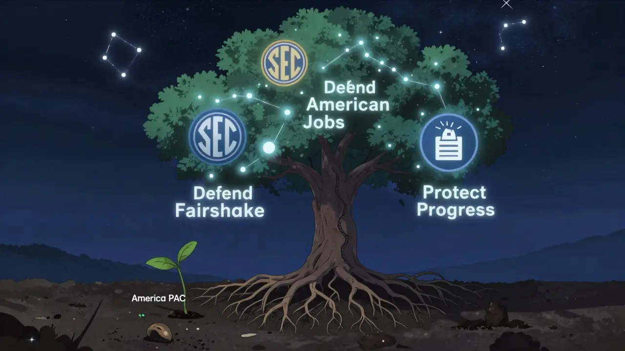 A dead crypto PAC sapling beside thriving pro-crypto lobbying trees under a starry sky of SEC and ballot constellations.